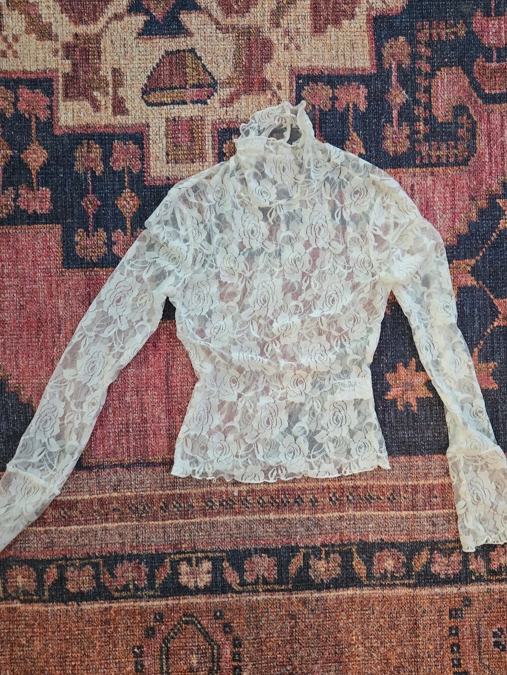 Sheer White Lace Long-Sleeve Mock Neck Top Free People Out From Under M